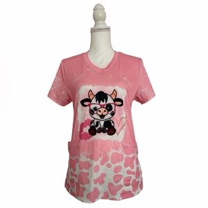 Pink Baby Cow with Glasses Nursing Medical Scrub Top Women’s Medium